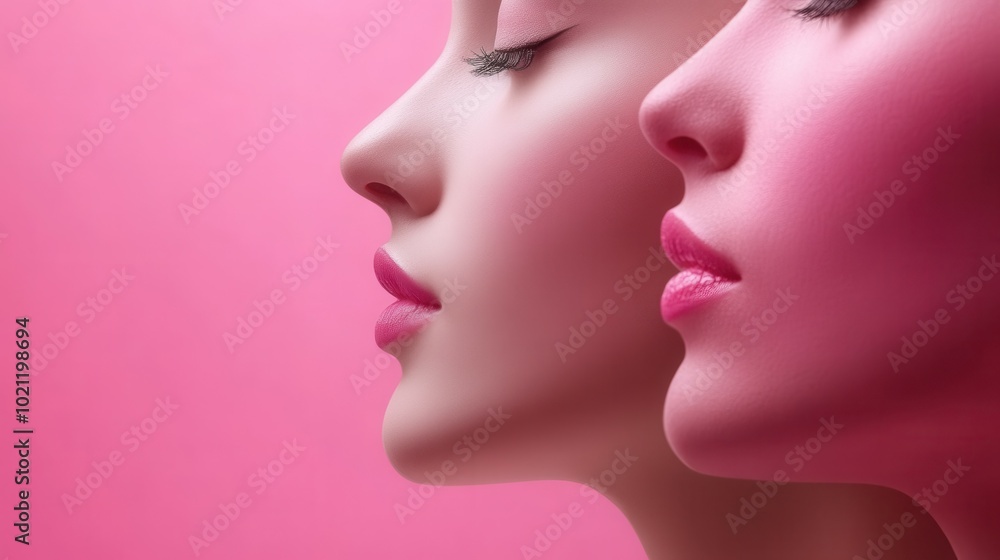 Two female profiles are elegantly illuminated against a soft pink backdrop, highlighting their symmetrical features and giving a sense of harmony. The lighting enhances the smoothness of their skin, e Two female profiles are elegantly illuminated against a soft pink backdrop, highlighting their symmetrical features and giving a sense of harmony. The lighting enhances the smoothness of their skin, e