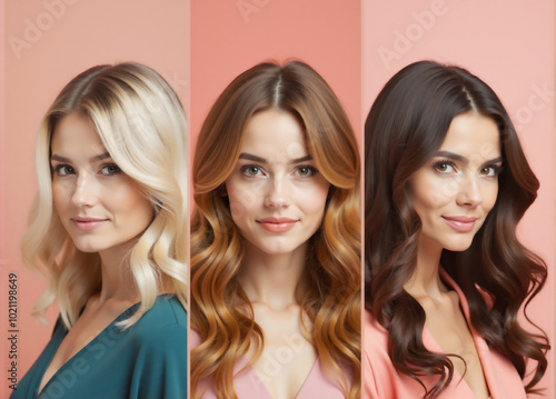 Three beautiful women smiling with different hair colors posing on pink background