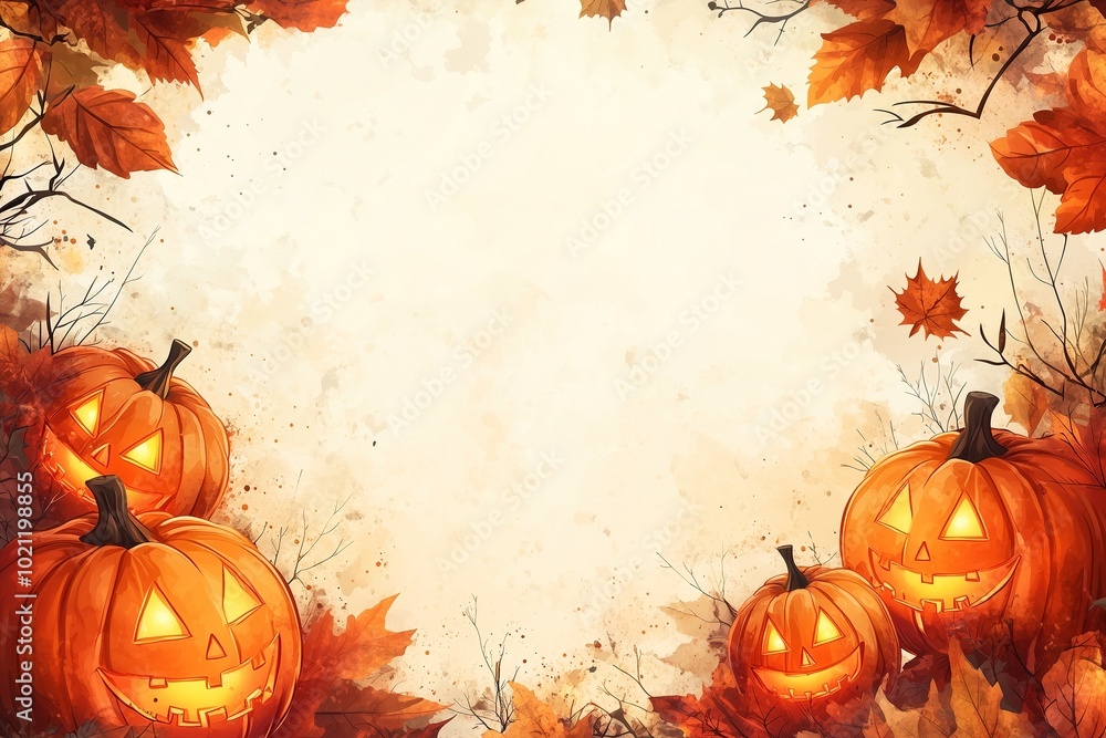 Festive Halloween Border with Glowing Jack-O’-Lanterns, Autumn Leaves, and Bats for Cheerful Halloween Design Festive Halloween Border with Glowing Jack-O’-Lanterns, Autumn Leaves, and Bats for Cheerful Halloween Design