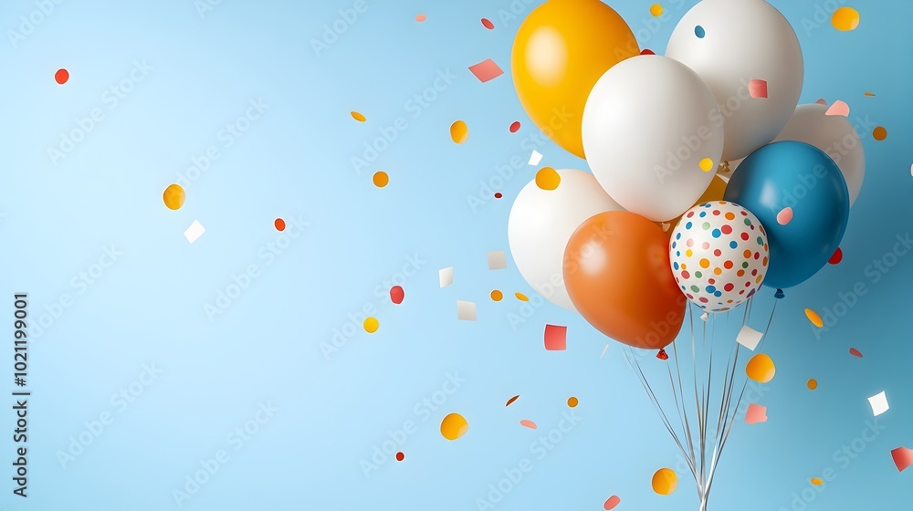 Vibrant Graphic of Multicolored Balloons in Bright Blue and White Tones with Cheerful Birthday Message for Children s Party Invitation Design Vibrant Graphic of Multicolored Balloons in Bright Blue and White Tones with Cheerful Birthday Message for Children s Party Invitation Design