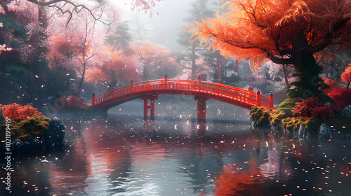 Red Bridge Over Water with Pink Blossom Trees - Digital Illustration