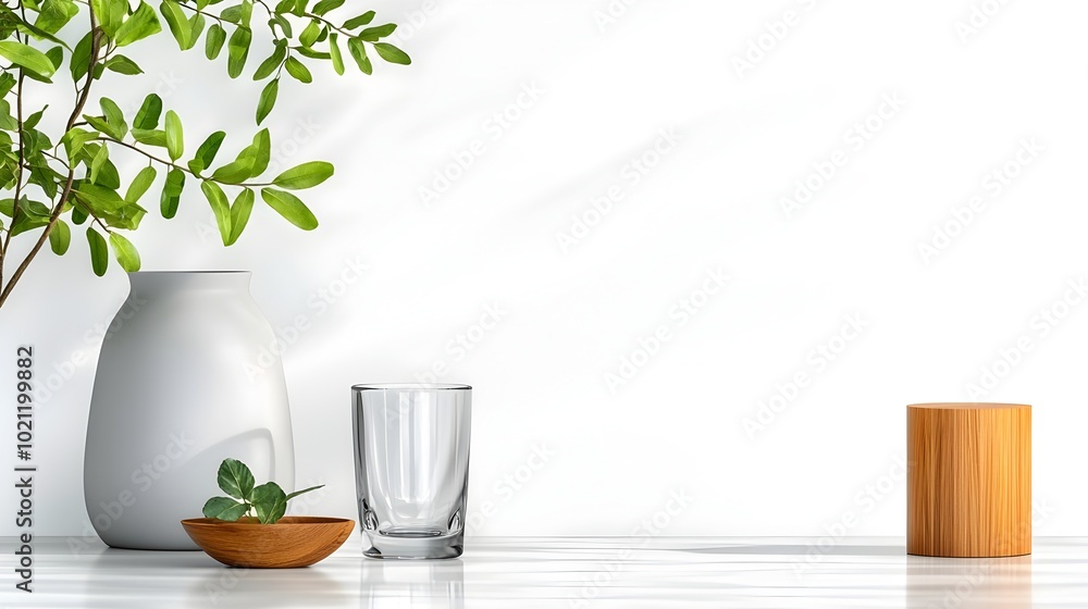 Minimalist still life of a modern ceramic vase sleek glass tumbler and smooth wooden sculpture meticulously arranged on a plain white background with soft shadows evoking a refined Minimalist still life of a modern ceramic vase sleek glass tumbler and smooth wooden sculpture meticulously arranged on a plain white background with soft shadows evoking a refined