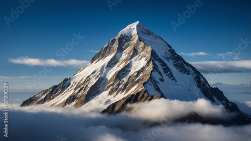 Majestic snow-covered mountain peak shrouded in ethereal clouds at sunrise with blue sky background. photo