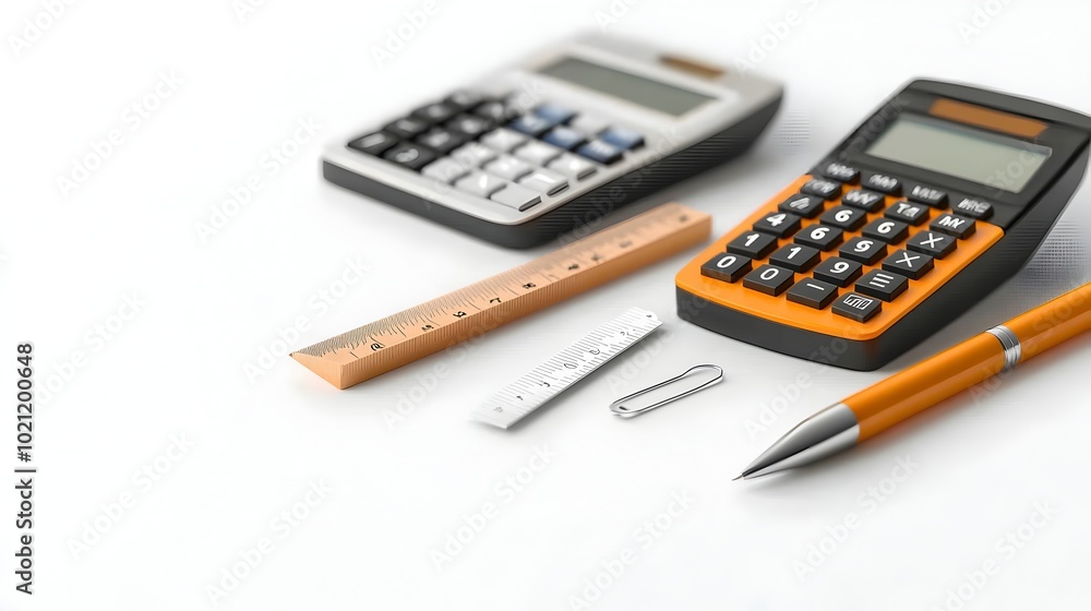 Neatly Organized 3D Business Accessories on a Bright White Background Stylish Pen Pencil Ruler Calculator Neatly Organized 3D Business Accessories on a Bright White Background Stylish Pen Pencil Ruler Calculator