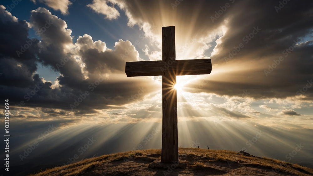 Wooden cross against dramatic sky with sun rays breaking through clouds in open landscape setting. Wooden cross against dramatic sky with sun rays breaking through clouds in open landscape setting.