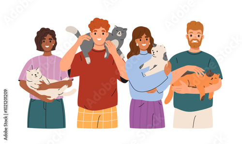 Group of multiracial people holding cute cats. Happy men and women hold in arms domestic pet. Pet owners portrait with adorable kitties. Human and feline animals friendship. Flat illustration.
