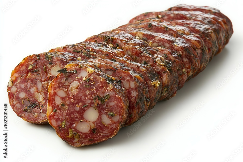 A collection of thinly sliced cured meat rolls showcases a blend of herbs and spices. The vibrant colors and textures highlight the quality of the meat, making it an appetizing choice for charcuterie A collection of thinly sliced cured meat rolls showcases a blend of herbs and spices. The vibrant colors and textures highlight the quality of the meat, making it an appetizing choice for charcuterie