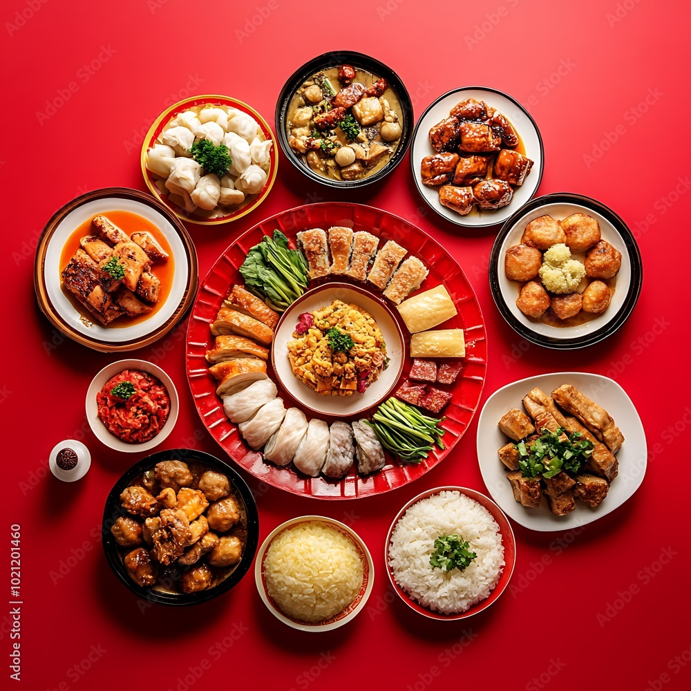 A vibrant spread of various Asian dishes arranged on a red background, showcasing culinary diversity. A vibrant spread of various Asian dishes arranged on a red background, showcasing culinary diversity.