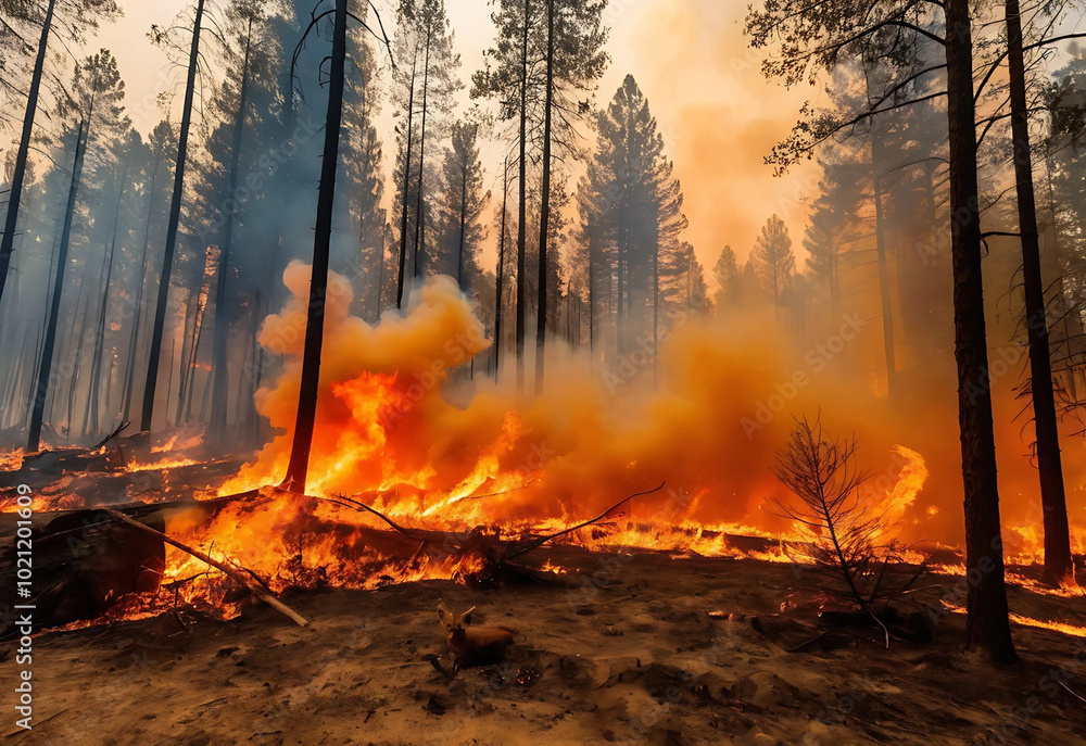 Devastating Forest Fire: Trees Burning, Animals Panicking, and Orange Smoke Filling the Sky in a Scene of Nature's Tragedy Devastating Forest Fire: Trees Burning, Animals Panicking, and Orange Smoke Filling the Sky in a Scene of Nature's Tragedy