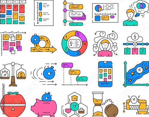 time management schedule task icons set vector. patience student, hourglass work, manage life, calendar hour, project date time management schedule task color Contour Illustrations