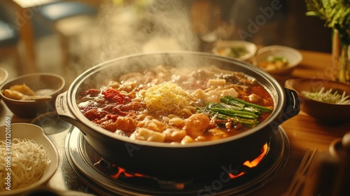 Delicious Hot Pot with Ingredients and Steam Rising