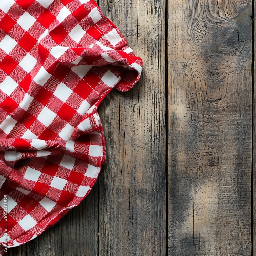 A red and white checkered tablecloth draped over a wooden surface, suggesting a picnic or dining setting. A red and white checkered tablecloth draped over a wooden surface, suggesting a picnic or dining setting.