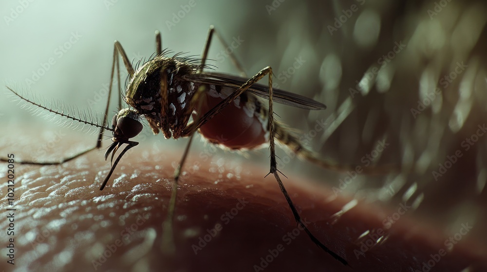Fototapeta premium A close-up of a mosquito transmitting Dengue virus through a bite, with a detailed view of the skin reaction and the insect feeding