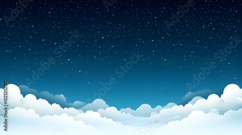 Cartoon Night Sky with Clouds Illustration Featuring a Blue Sky with White Stars and Puffy Clouds