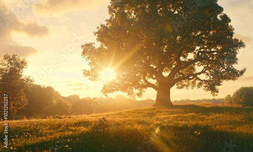 A serene landscape featuring a large tree at sunset, casting warm light over a grassy field.
