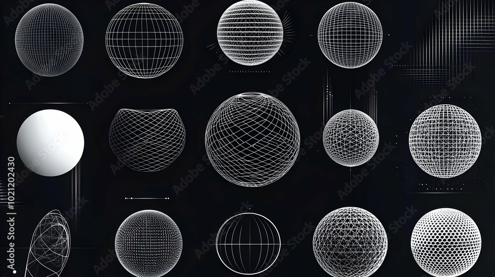 Collection of Abstract Wireframe Spheres and Geometric Shapes on a Black Background for a Futuristic and Technology-Themed Design Collection of Abstract Wireframe Spheres and Geometric Shapes on a Black Background for a Futuristic and Technology-Themed Design