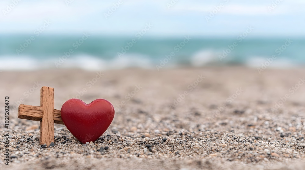 Glowing red heart shaped amulet resting on a gravel path with a wooden Christian cross carved into its surface surrounded by the serene backdrop of a sandy beach and gentle waves Glowing red heart shaped amulet resting on a gravel path with a wooden Christian cross carved into its surface surrounded by the serene backdrop of a sandy beach and gentle waves