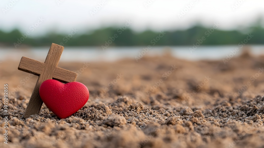 Fototapeta premium Red heart resting beside a wooden Christian cross on a gravel floor with the beach and sea beyond representing the promise of salvation and the love of Jesus in the morning light