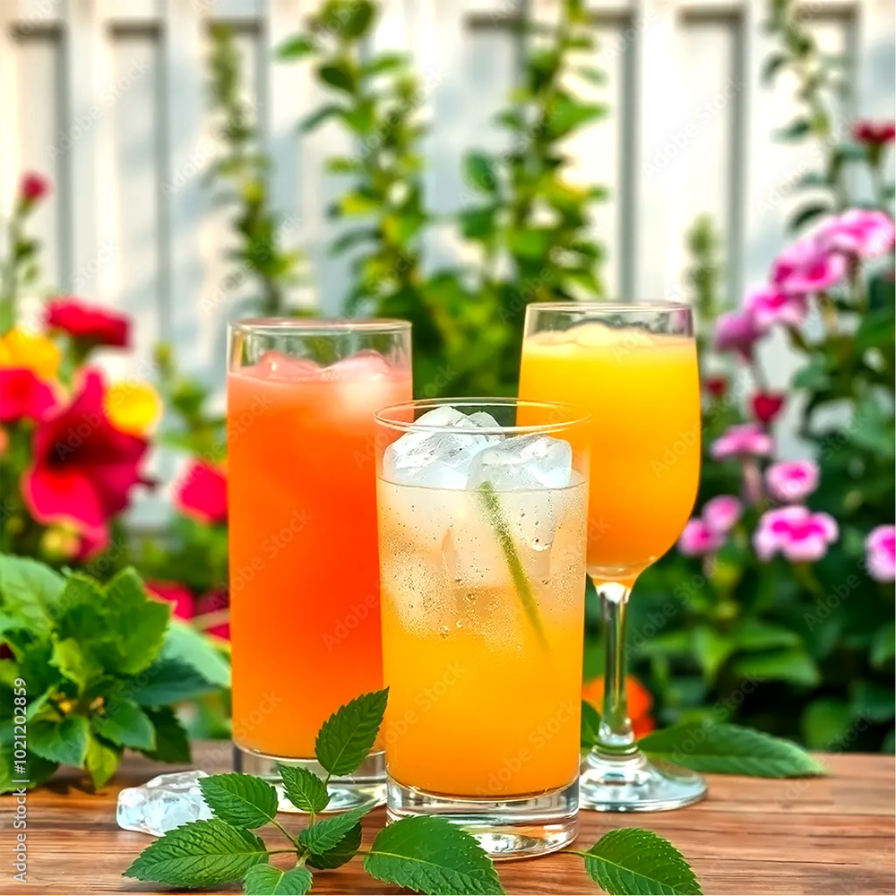 Fototapeta premium cocktails or mocktails cold drinks classic summer refreshing long drink in highballs with berries lime herbs and ice on gray bar counter background, Lemon juice glass and lime fruit.
