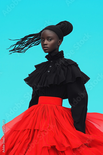 Wallpaper Mural Fashion magazine, Unearthly Beauty concept. Arty portrait of beautiful african female model wearing red and black designer fluffy dress on blue background. Haute couture style. Outdoor shot Torontodigital.ca