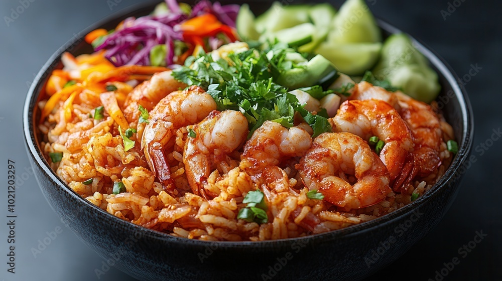 A vibrant bowl of shrimp fried rice features tender shrimp, colorful carrots, purple cabbage, and cucumber, all topped with fresh cilantro and lime. A vibrant bowl of shrimp fried rice features tender shrimp, colorful carrots, purple cabbage, and cucumber, all topped with fresh cilantro and lime.