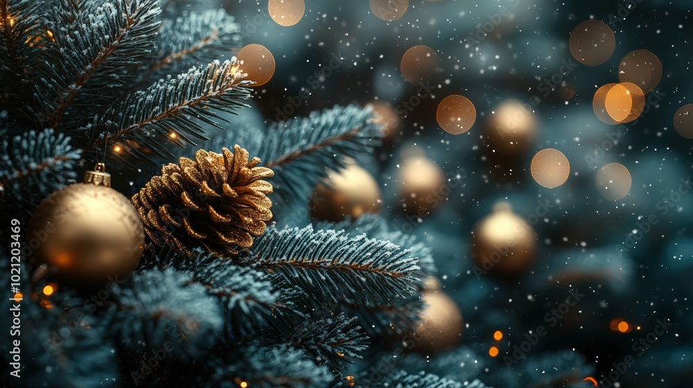 Christmas tree with golden baubles and lights bokeh background Christmas tree with golden baubles and lights bokeh background