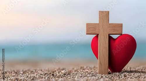Wooden Christian cross and red heart symbolizing divine love and spiritual redemption sit on a gravel covered ground