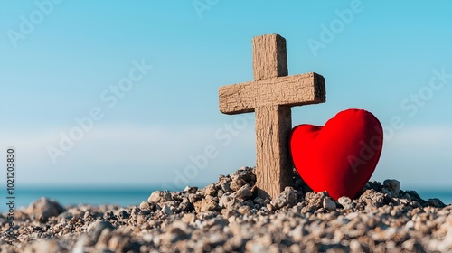 Wooden Christian cross and vibrant red heart symbolizing divine love and spiritual redemption illuminated by warm morning sunlight on a gravel covered beach with the distant ocean in the background photo