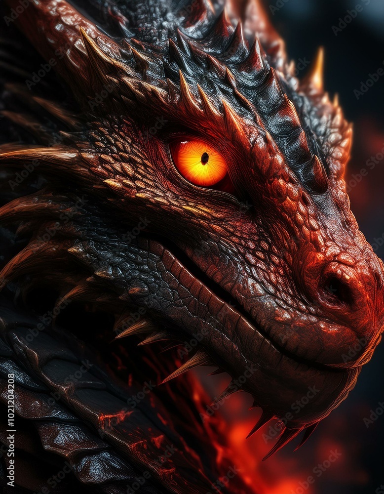 A close up of a dark red dragon with one light gray orange eye, black and red dragon, only eye is orange, fire is reflected in the eye and on the dragon, macro, black A close up of a dark red dragon with one light gray orange eye, black and red dragon, only eye is orange, fire is reflected in the eye and on the dragon, macro, black