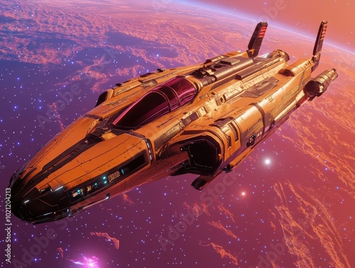 Wallpaper Mural Futuristic spaceship soars above a vividly colored alien planet at sunset, casting a golden glow. Torontodigital.ca