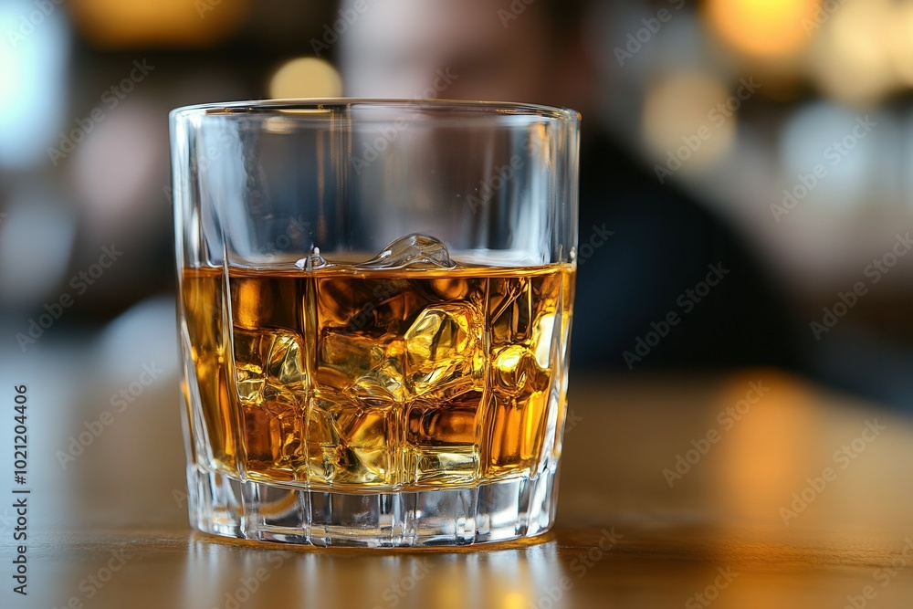 A glass filled with whiskey and ice cubes rests on a wooden table, surrounded by a softly lit atmosphere in a bar. The rich amber liquid contrasts beautifully with the cool ice, inviting patrons to un A glass filled with whiskey and ice cubes rests on a wooden table, surrounded by a softly lit atmosphere in a bar. The rich amber liquid contrasts beautifully with the cool ice, inviting patrons to un