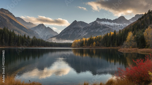 Serene mountain lake at sunrise with autumn trees and misty mountains reflecting in calm waters.
