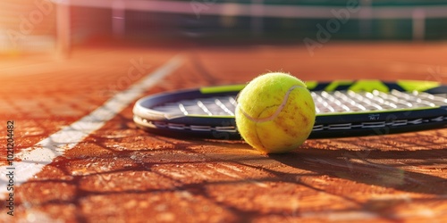 Dynamic Tennis Scene: Ball Rolling on Court with Racket