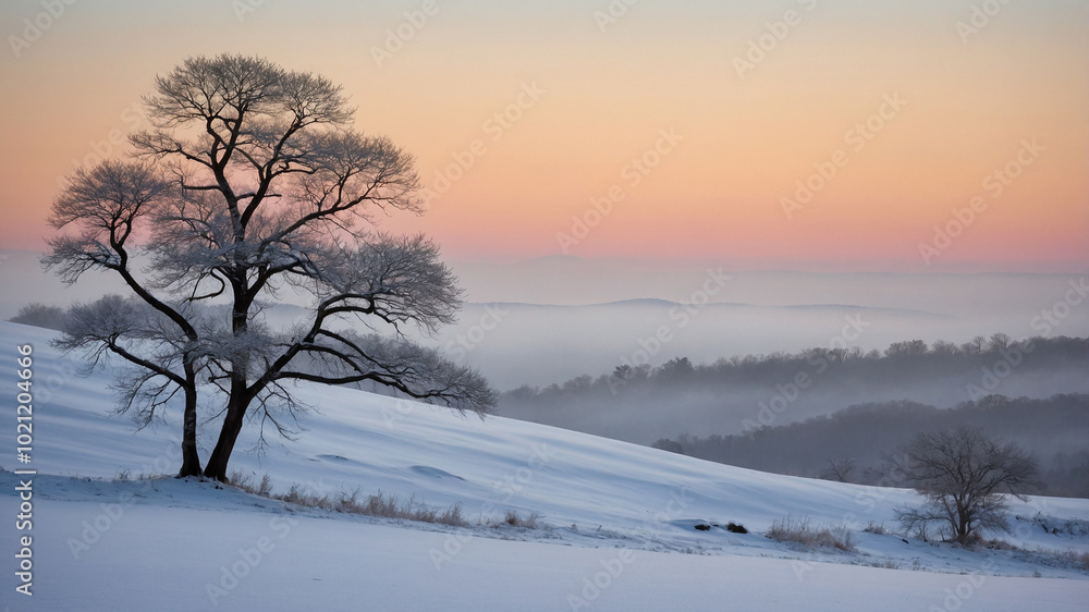 A solitary tree stands in a snow-covered field under a colorful sunrise sky in winter landscape scenery. A solitary tree stands in a snow-covered field under a colorful sunrise sky in winter landscape scenery.