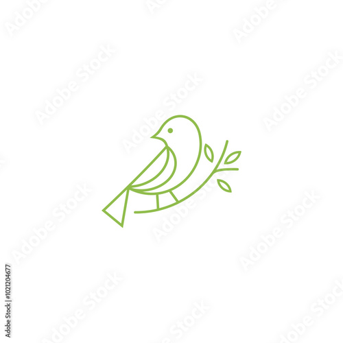 bird logo perched on twig in line art design