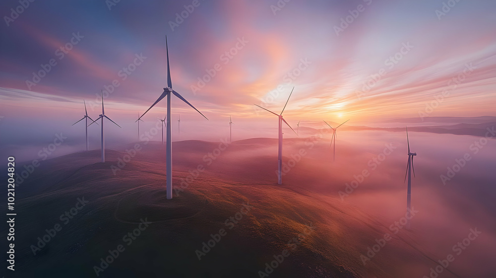 Obraz premium Wind Turbines Spin in the Mist at Sunset, Capturing Renewable Energy in the Landscape