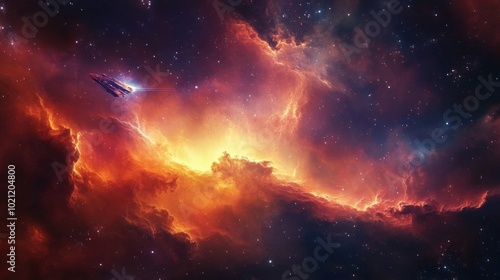 A spaceship navigates through a vibrant, fiery nebula in deep space, showcasing the vastness and beauty of the universe.