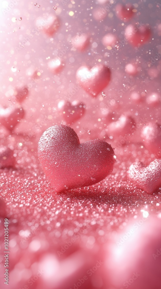 Clusters of pink hearts in varying sizes float gently over a sparkling surface, creating a whimsical and romantic ambiance. The soft glimmer reflects light beautifully, evoking feelings of love and ce Clusters of pink hearts in varying sizes float gently over a sparkling surface, creating a whimsical and romantic ambiance. The soft glimmer reflects light beautifully, evoking feelings of love and ce