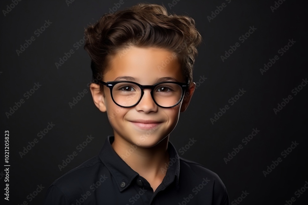 Portrait of a cute little boy in eyeglasses over dark background Portrait of a cute little boy in eyeglasses over dark background