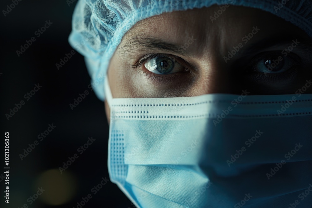 A close-up view of a person wearing a surgical mask, for use in medical or safety-related contexts A close-up view of a person wearing a surgical mask, for use in medical or safety-related contexts