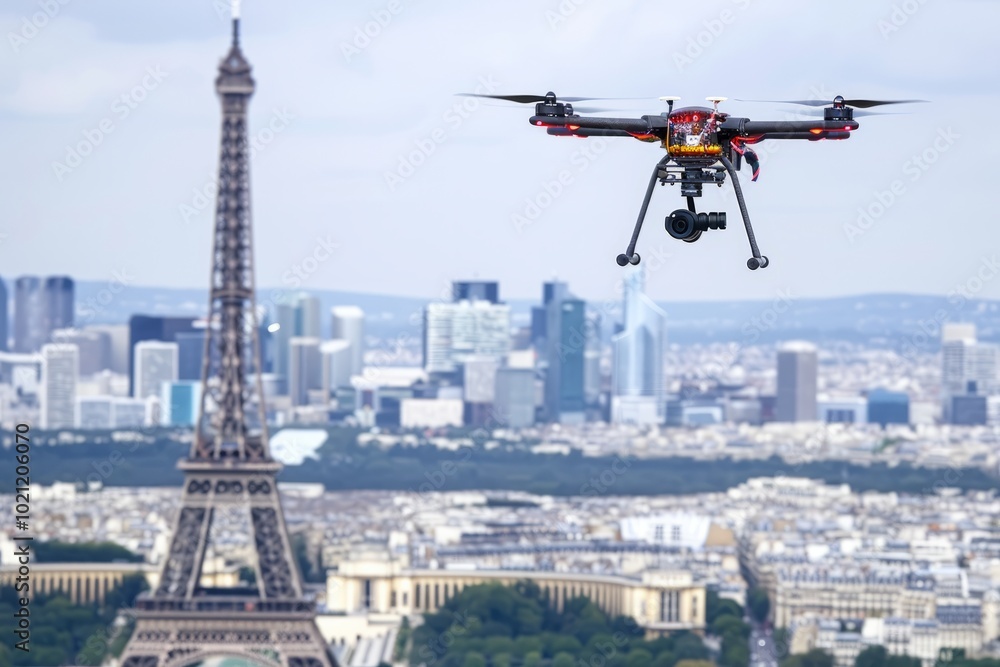 Fototapeta premium Drone flying over famous landmarks on International Drone Day