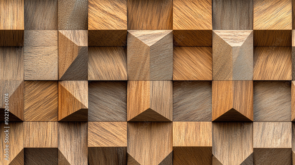 Geometric Wooden Array with Textured Patterns, Natural wood texture with business idea, strong block letters.