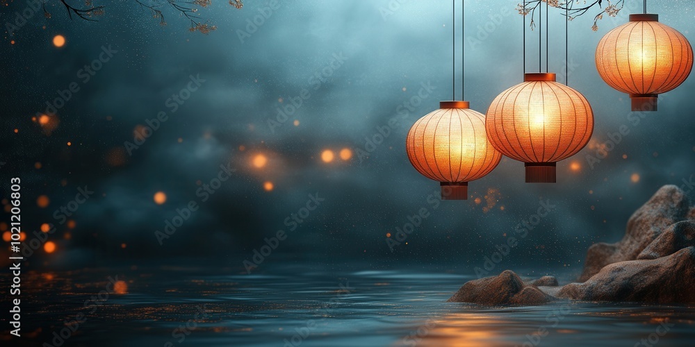 Obraz premium Soft glowing lanterns are reflected on the tranquil water below, casting gentle light and creating a dreamy, peaceful scene that enchants with its subtle beauty and calm.