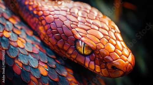 A close-up view of a colorful snake's head with distinctive features photo