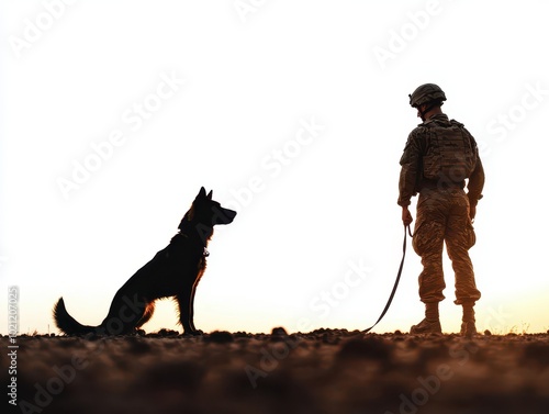 A soldier and their loyal canine companion K9 silhouetted against a sunset, symbolizing bravery and companionship. photo