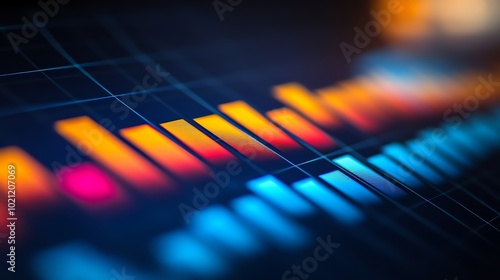 Wallpaper Mural Closeup of a bar graph highlighting rising search rankings for specific keywords, dark blue background, track search rankings, SEO keyword tracking Torontodigital.ca