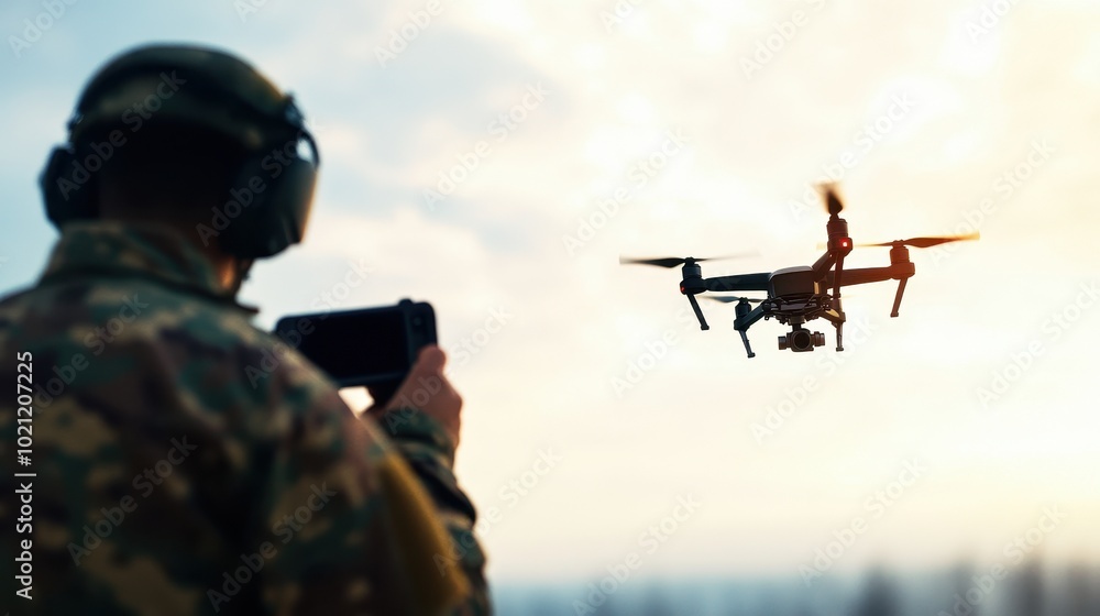 A soldier controls a drone in an open field, showcasing modern technology in military operations during a vibrant sunset. A soldier controls a drone in an open field, showcasing modern technology in military operations during a vibrant sunset.