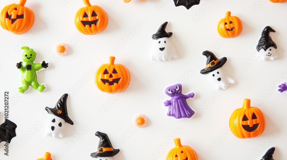 A fun and whimsical arrangement of Halloween stickers showcasing cute monsters, witches, and pumpkins, all set against a simple white background. A fun and whimsical arrangement of Halloween stickers showcasing cute monsters, witches, and pumpkins, all set against a simple white background.