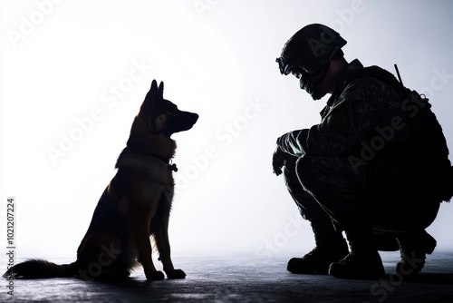 A soldier crouches beside a loyal K9 dog, symbolizing the strong bond between military personnel and their canine companions.