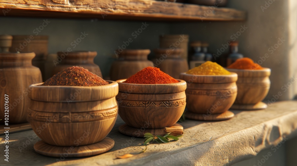 Vibrant Spices in Wooden Bowls: A Culinary Delight Vibrant Spices in Wooden Bowls: A Culinary Delight